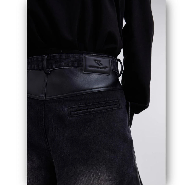 y2k retro washed splicing jeans for men new hip hop punk pu leather baggy jeans straight casual black denim trousers streetwear unique jeans style 668