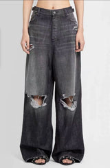 baggy damaged heavy industry washed jeans pants vibe loose casual silhouette straight worn pants knee ripped denim trousers unique jeans style 1178