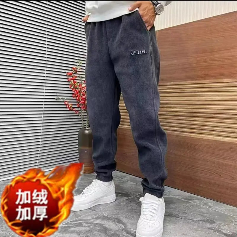 trendy loose fit corduroy harem pants fashionable versatile fleece lined sports ankle pants autumn winter mens casual pants unique default style 1672