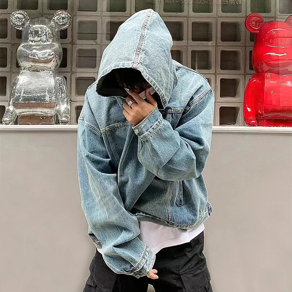 Mens Autumn Winter Fashion Denim Washed Distressed Retro Hoodie Gender