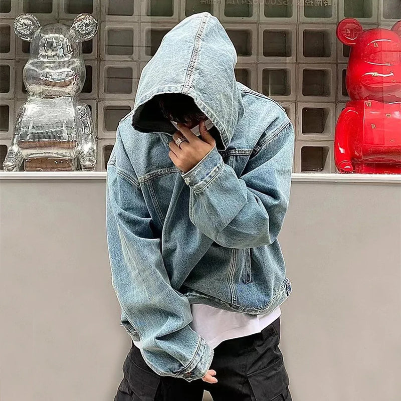 Mens Autumn Winter Fashion Denim Washed Distressed Retro Hoodie Gender