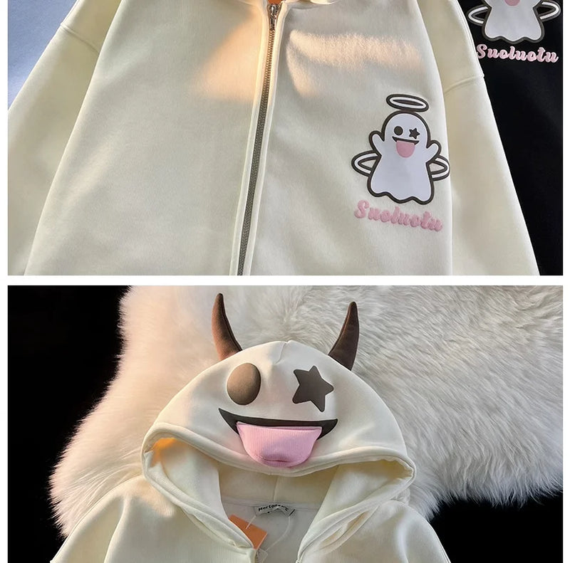 Japanese Devils Corner Hoodie Womens Couple Loose Gothic Winter Clothing Plush Hoodie Womens Zipper Hoodie  sweatshirt