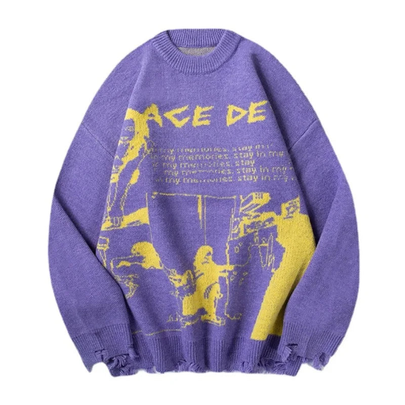 fashion harajuku knitted loose sweater mens hip hop ripped bottom pullovers streetwear unisex casual sweaters jumpers knitwear - vintage look oversized hoodie, Y2K grunge street style, graphic printed hoodie for men and women