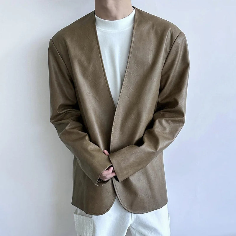 Mens Pu Leather Suit Jacket British Cardigan Casual Jacket Autumn Streetwear Campus Versatile Long-Sleeve Top Men'S Clothing