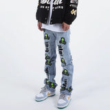 skull embroidery patchwork ripped denim jean pants fashion biker straight trousers streetwear hip hop joggers pant men clothing unique joggers style 2382