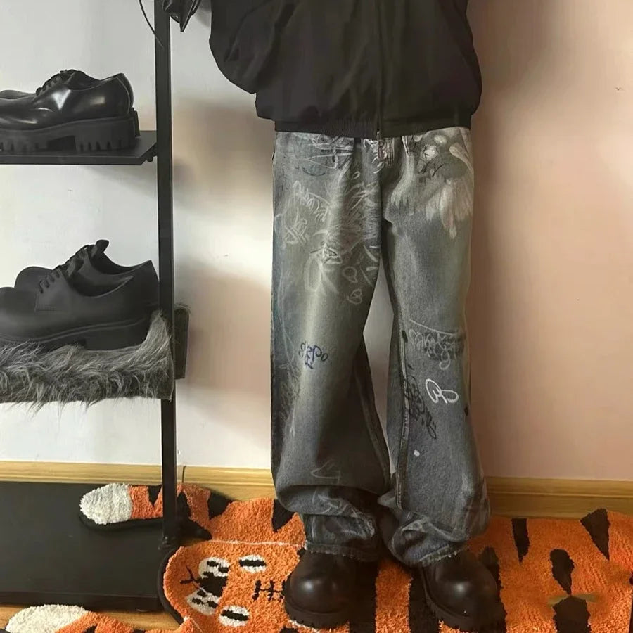 graffiti handdrawn damaged wash baggy jeans for men and women straight streetwear y2k denim trousers pantalones hombre cargos unique cargo style 1304