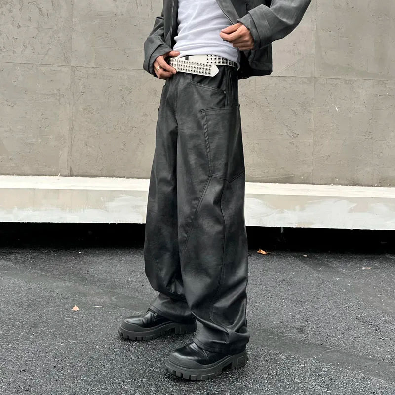 men brand fashion splice pocket loose casual wide leg leather baggy pant cityboy streetwear cargo motorcycle pants trousers unique cargo style 2563