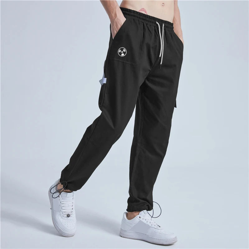 rainbowtouches new mens sports cargo pants loose fittness trousers drawstring hip hop casual fashion harajuku men pants multi-pocket cargos