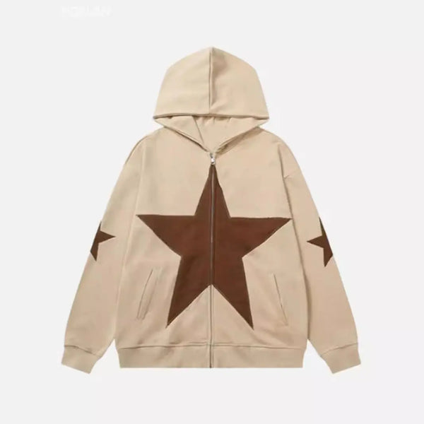 European American Casual Y2K Personalized Five-pointed Star Hoodie Trend Ins Retro Loose Y2k Zipper Sweatshirt for Men and Women