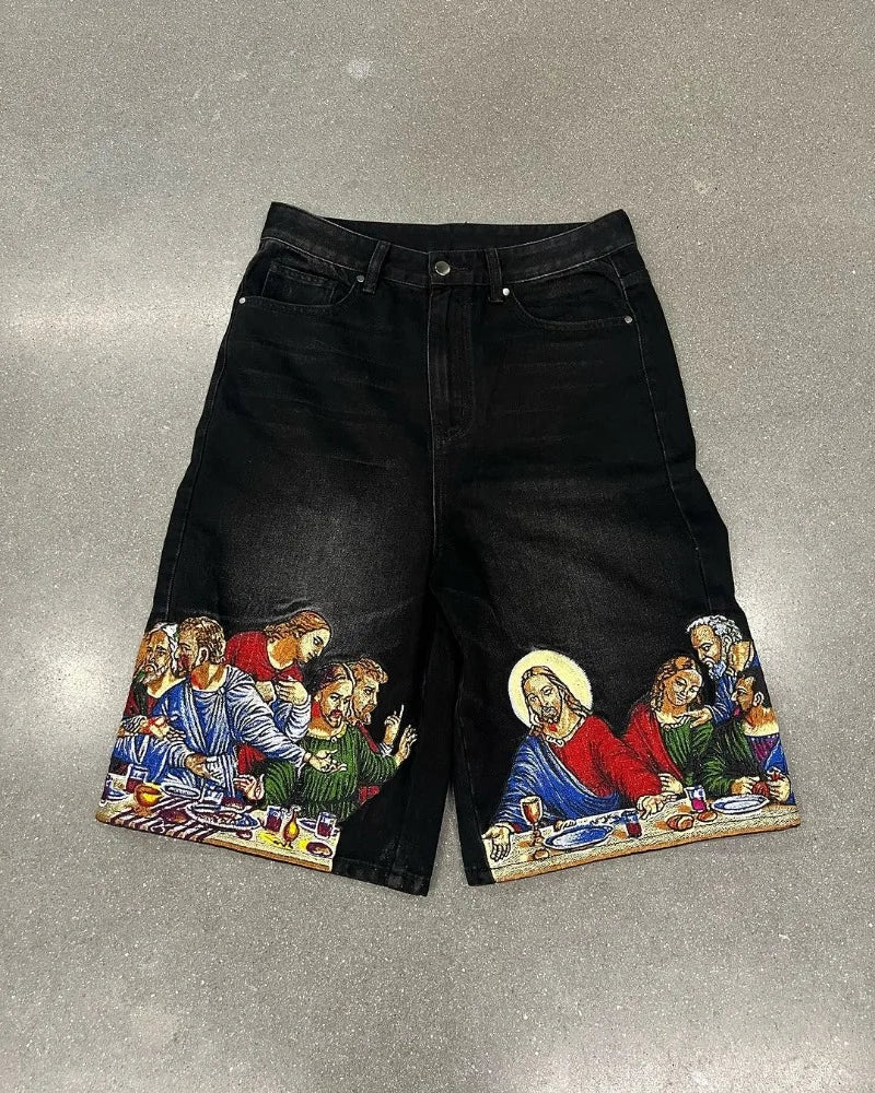 harajuku retro cartoon print oversized wide leg pants gothic washed distressed jeans men y2k fashion casual denim shorts women vintage washed jeans