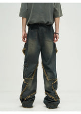 fashion patchwork frayed star denim straight jean pant men casual side pocket y2k trouser unisex hip hop streetwear jeans pants unique jeans style 396