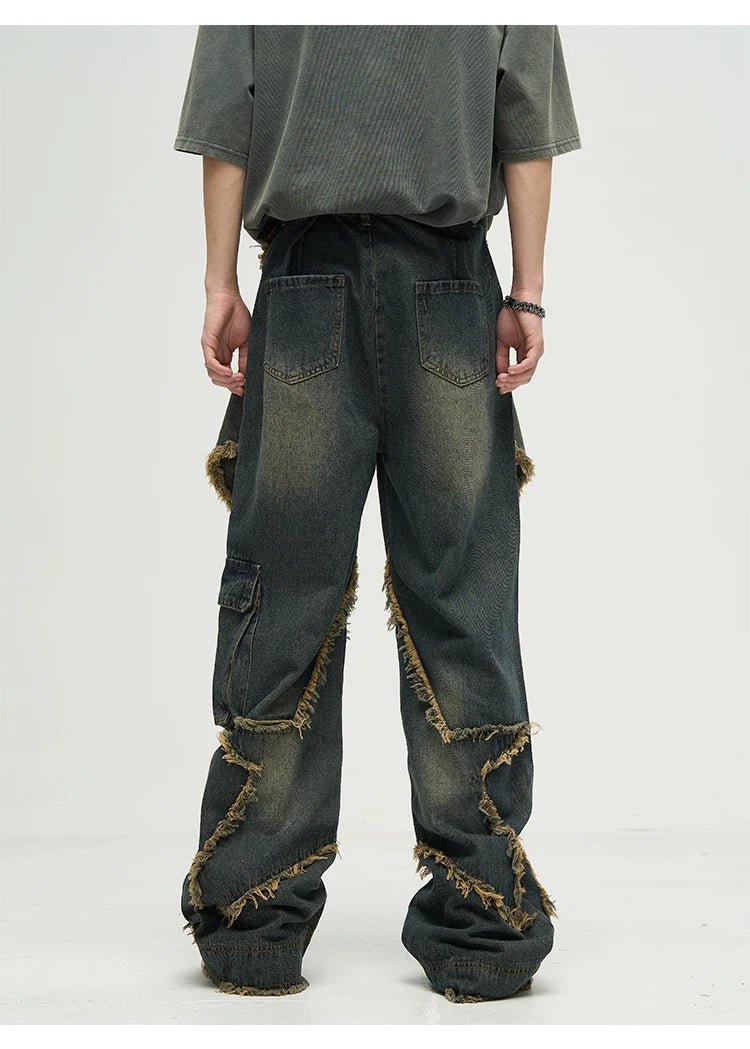 fashion patchwork frayed star denim straight jean pant men casual side pocket y2k trouser unisex hip hop streetwear jeans pants unique jeans style 396