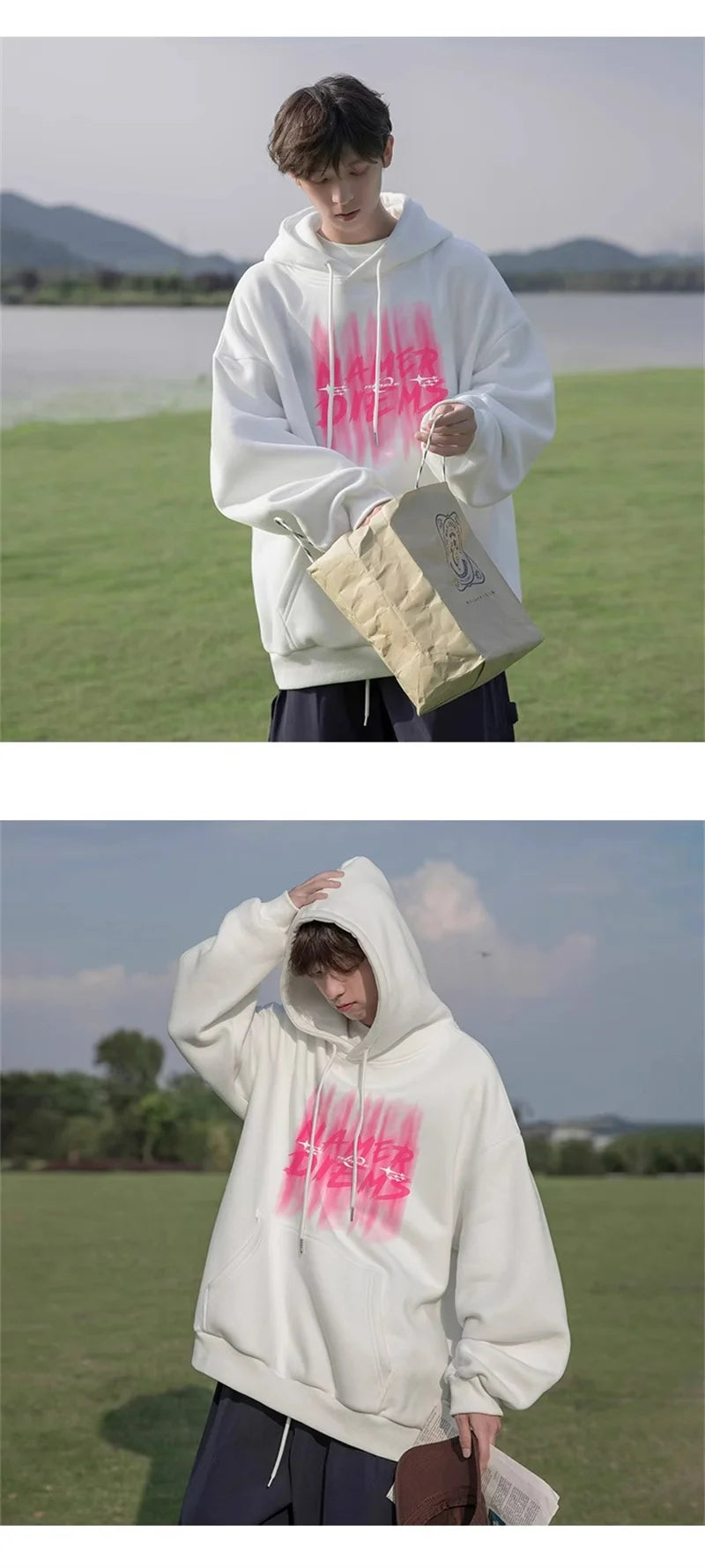 2024 New Graffiti Letter Print Hooded Fleece Sweatshirt For Men Loose