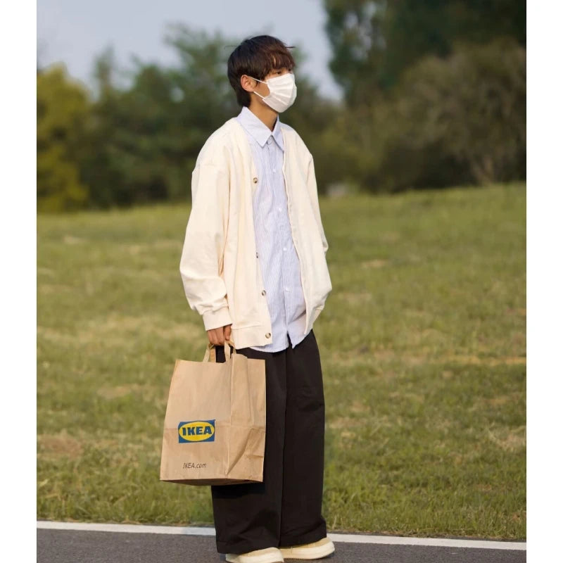 mens casual 2 pcs sets fake two pieces cotton shirt corduroy street wide leg pants sets japanese college retro couples suit clean everyday pants