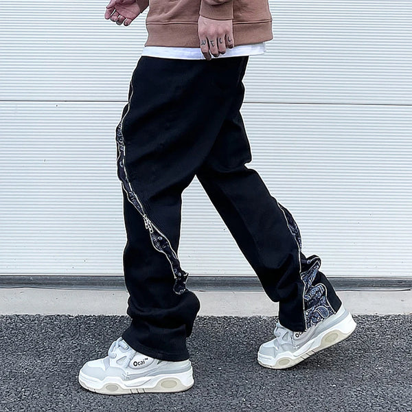 high street black white straight zipper becomes slightly flared denim jeans harajuku casual hip hop cashew flower jeans for men stacked flare jeans