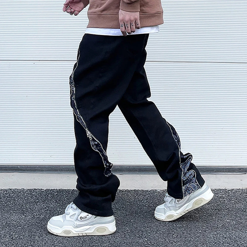 high street black white straight zipper becomes slightly flared denim jeans harajuku casual hip hop cashew flower jeans for men stacked flare jeans