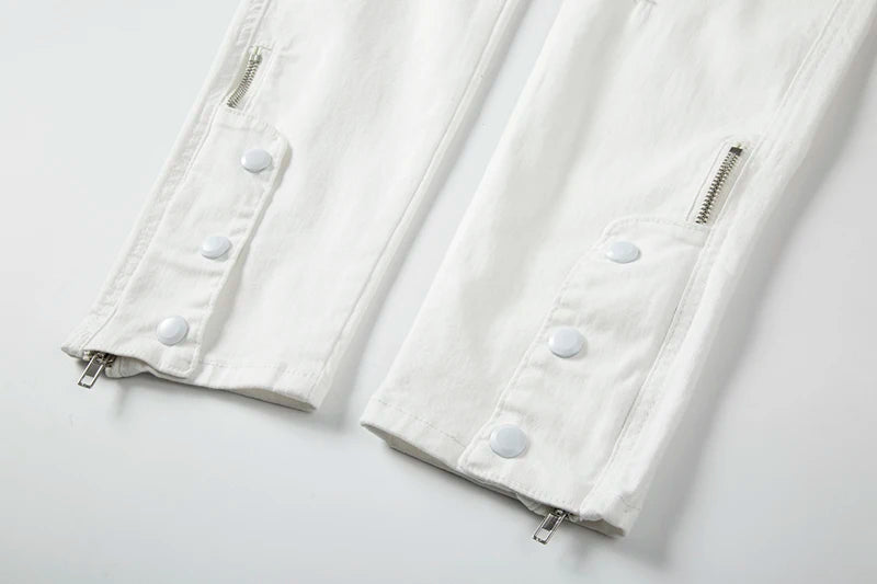 mens hole ripped white ankle zipper button jeans pants straight pockets solid color high street retro loose denim trousers unique jeans style 248
