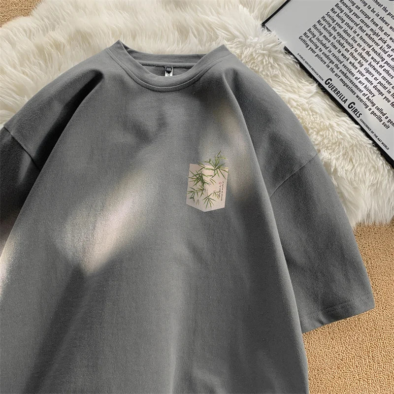Gothic Crying character – New Chinese Style Bamboo Print Short Sleeve Tee Shirts Mens