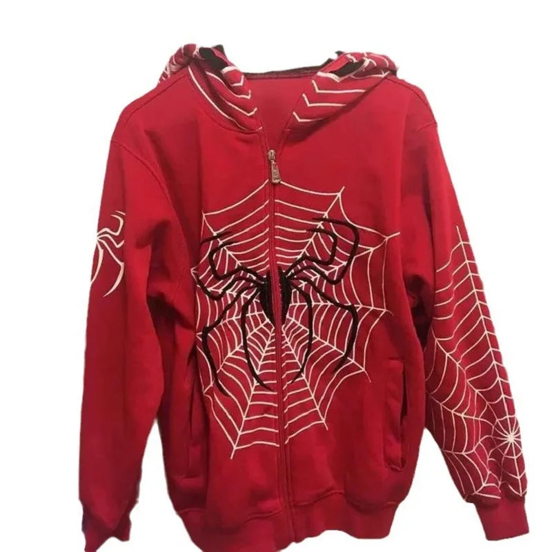 Mens Clothing Warm Harajuku Vintage Spider Web Red Graphic Hoodies Gru