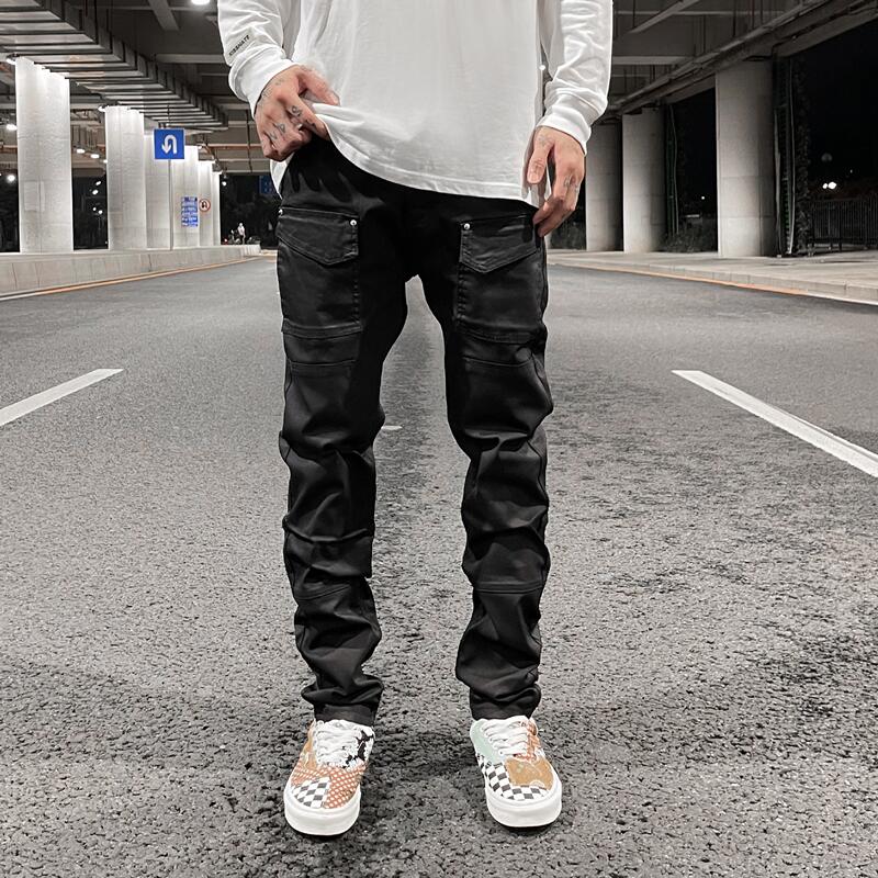 streetwear kanye slim fit feet coated black jeans pants for men pocket brushed wax tapered pants man casual cargo jeans y2k unique cargo style 4548