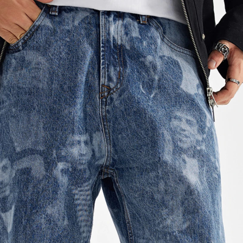 designer human printed denim jeans mens new casual zipper straight hip hop jeans streetwear baggy pants joggers graphic jeans unique joggers style 670