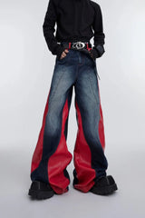 y2k retro washed splicing jeans for men new hip hop punk pu leather baggy jeans straight casual black denim trousers streetwear unique jeans style 675