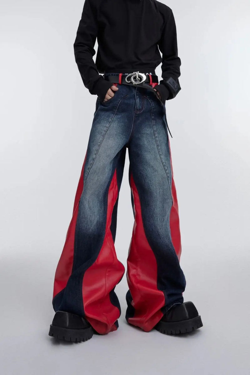 y2k retro washed splicing jeans for men new hip hop punk pu leather baggy jeans straight casual black denim trousers streetwear unique jeans style 675
