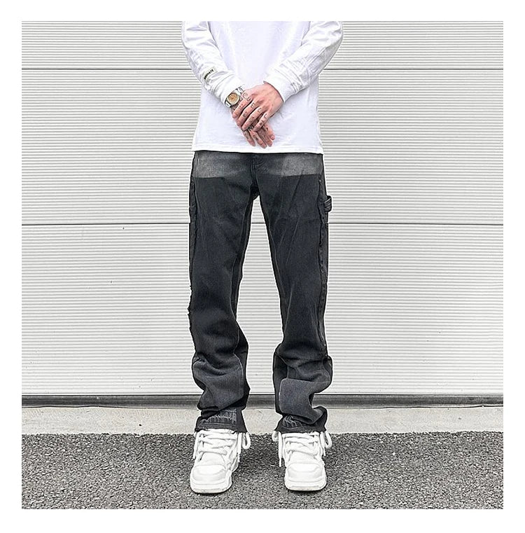 high street fashion contrast straight tube micro flared jean horn pant washing mens tassel vintage patchwork wide denim jeans unique jeans style 4996
