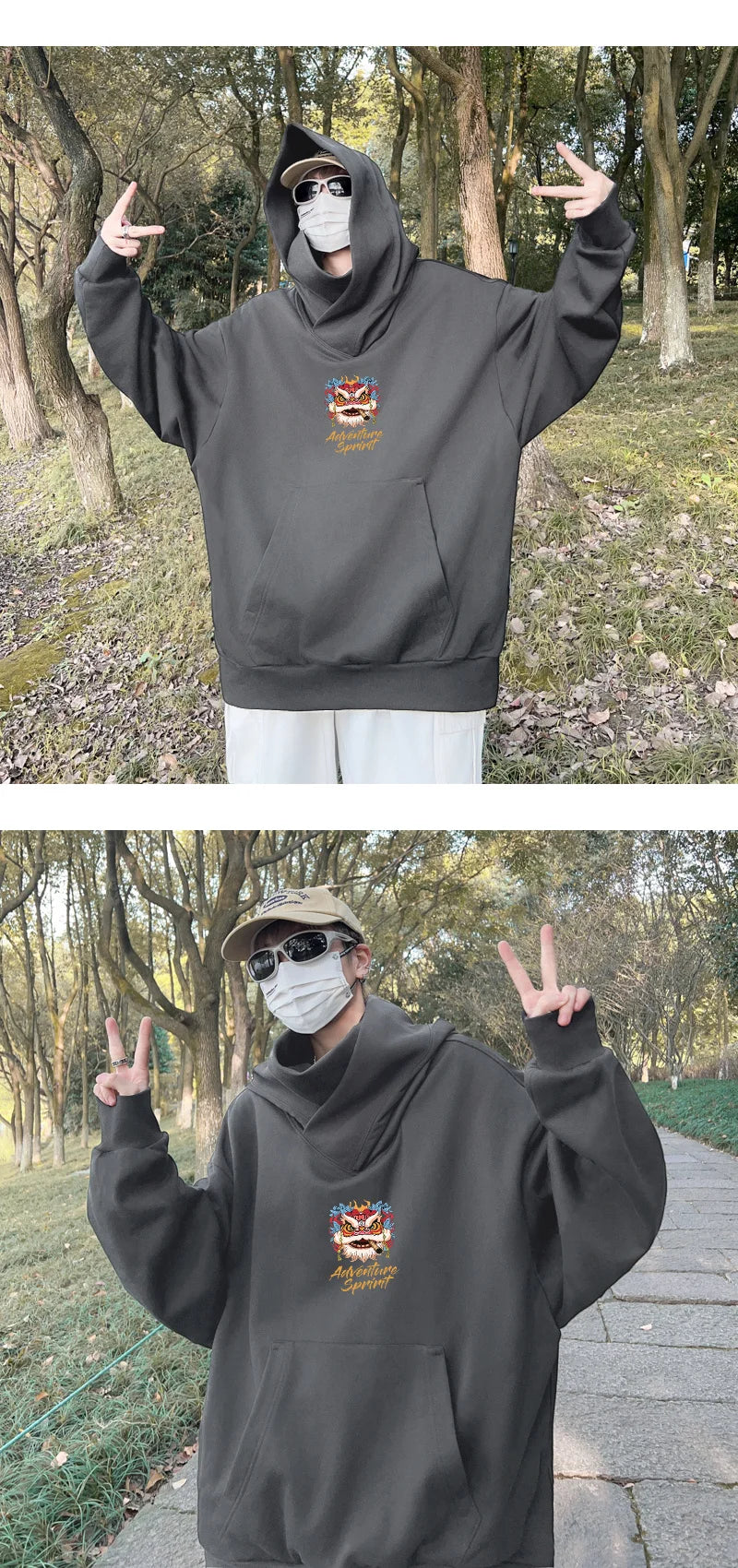 Autumn Lion Dance Graphic Ninja Hoodie Men Fleece Pocket Turtleneck Ov