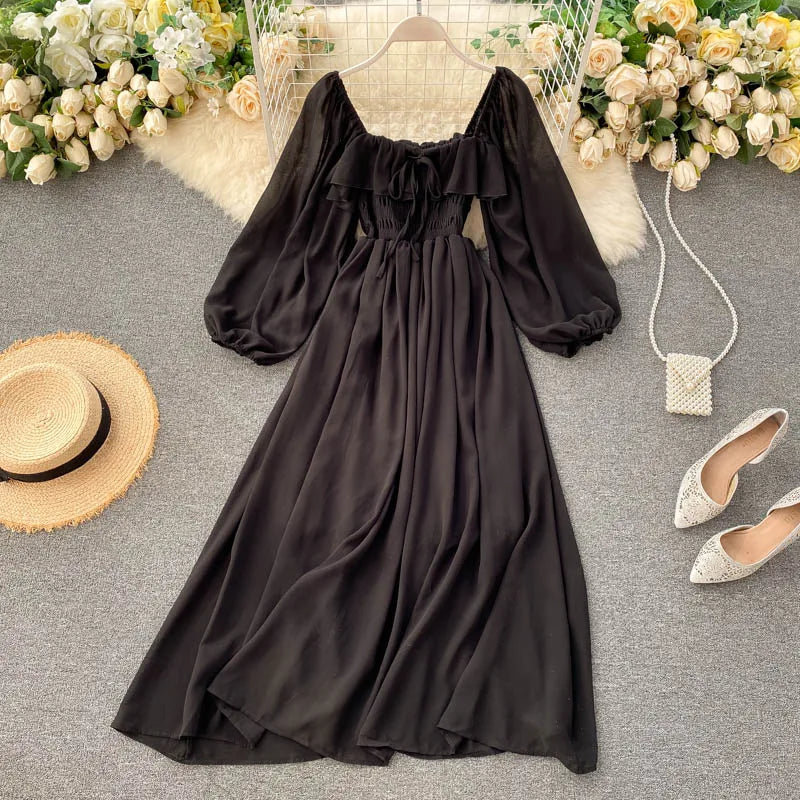 Chic Elegant Square Collar Maxi Dress Women Solid Chiffon Puff Sleeve Dresses 2023 Korean Fashion Vintage Ruffle Vestidos