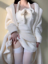Cute hooded pajama for women in autumn and winter thickened coral fleece sexy sleepwear girl style suspender night gown set