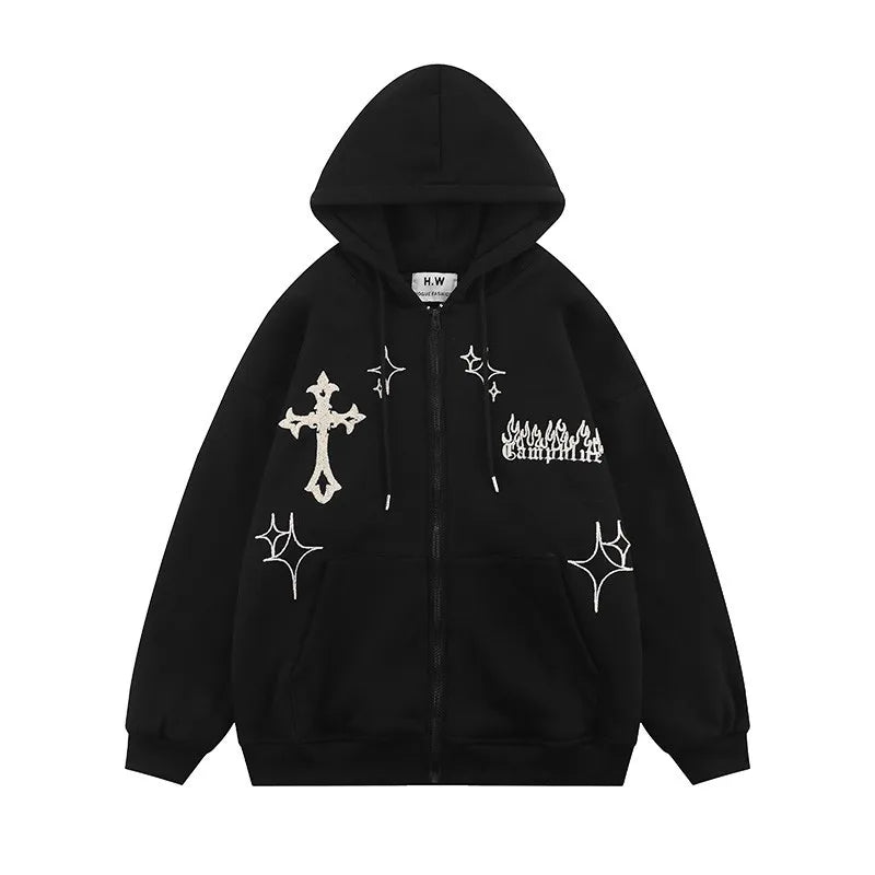 Gothic Embroidery Hoodies Women Retro Harajuku Hip Hop Jacket High Str