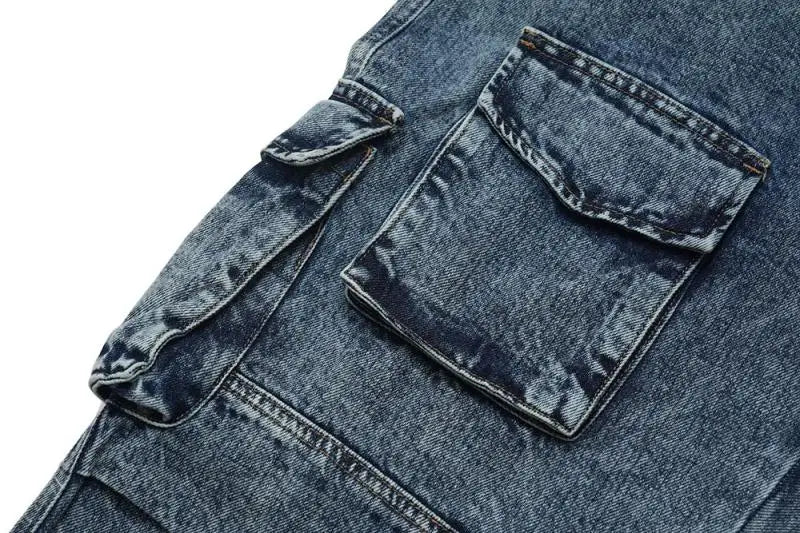 fashion loose streetwear cargo denim jeans unisex casual multi pocket wide legs jean pants hip hop joggers mens baggy jeans unique joggers style 2976