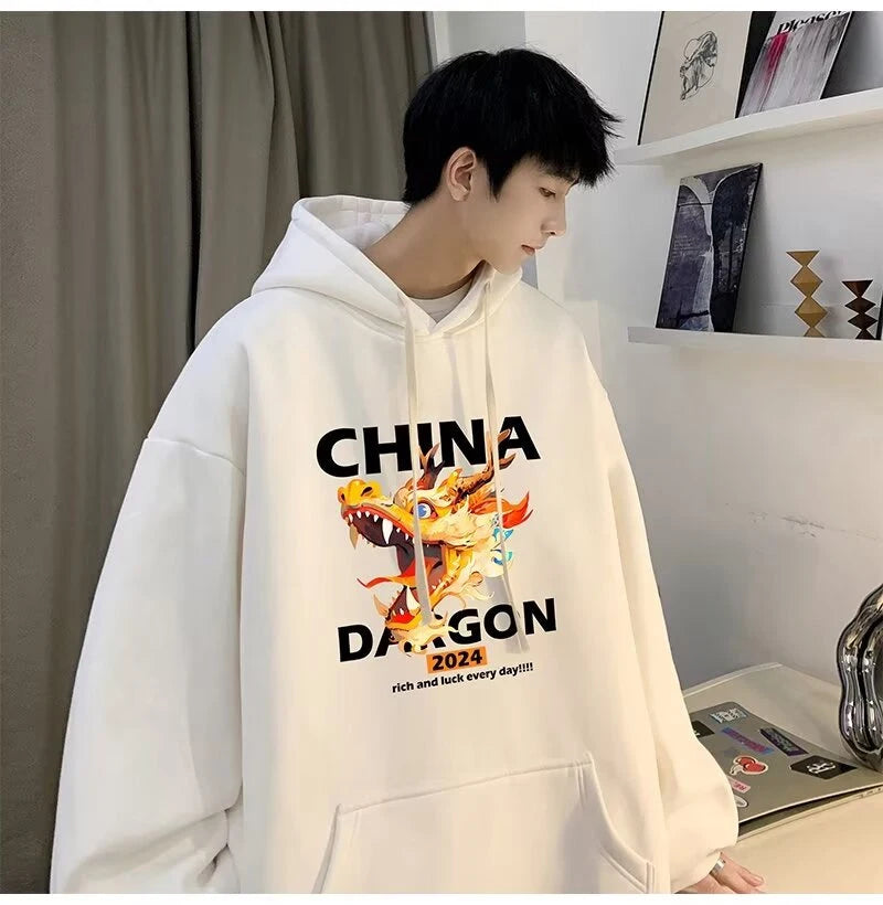 2024 New China Dragon Graphic Hoodies Men Hip Hop Streetwear Hoodie