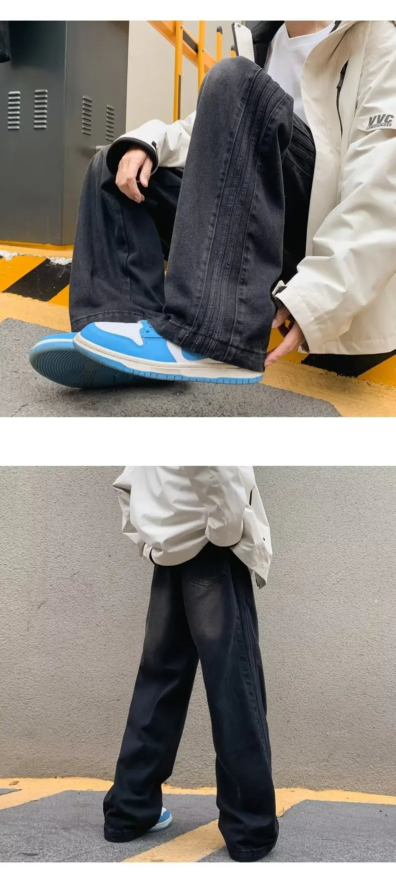 men jeans straight leg jeans boys american fashion wash old side stripes wide leg pants autumn vintage overalls unique jeans style 3907