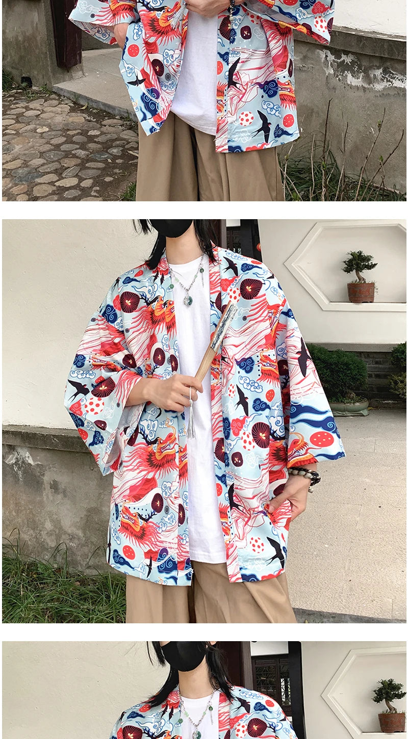 Japanese Style Men's Lightweight Kimono Jacket Dragon Print Kimono Cardigan New Arrival Street Shirt Harajuku Kimono Couple Tops