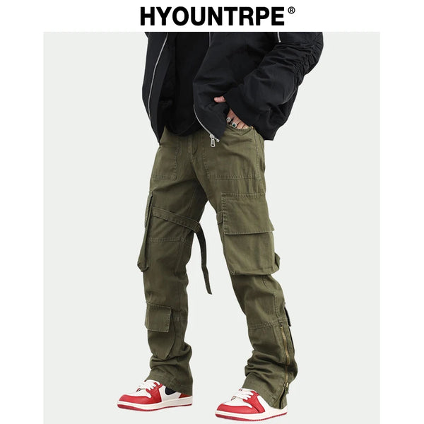 mens hip hip pants retro cargo pant streetwear side pockets bottom zipper harajuku joggers casual loose straight cotton trousers sporty tapered joggers