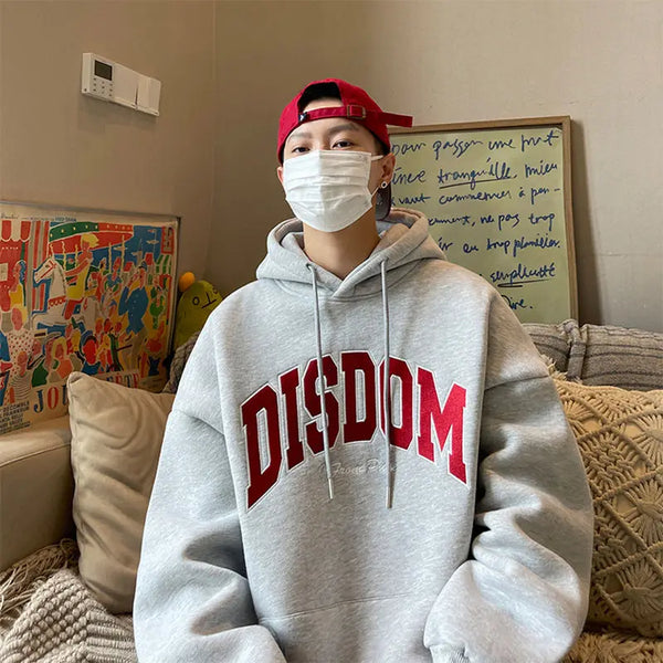 Gray Korean Style Hooded Sweatshirt Men Autumn Winter New American Trendy Brand Letter Printed Pullover Thickened Y2K Loose Top