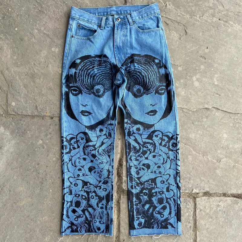 harajuku popular anime kokushibo print baggy jeans new style wide leg trouser y2k streetwear for men women high waist pants unique jeans style 4326