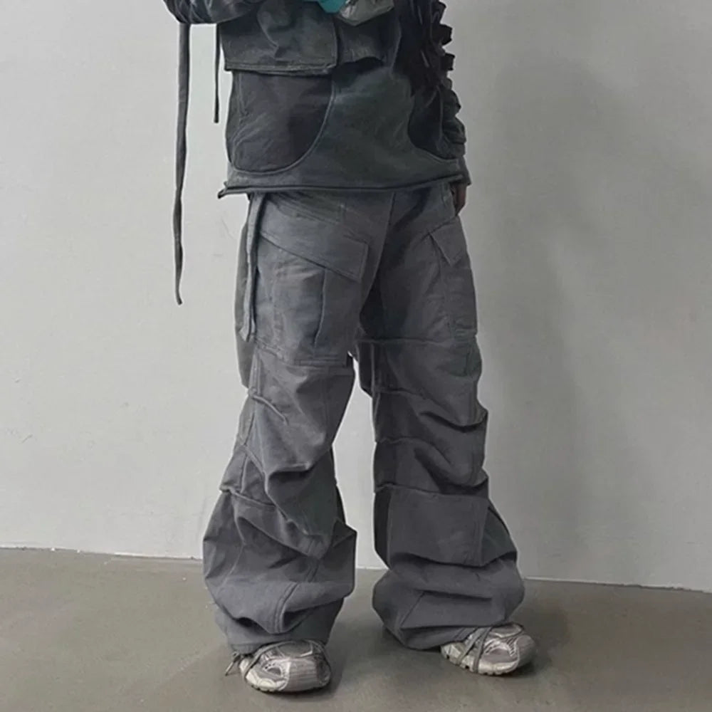streetwear big pockets sashes pleated baggy jeans for men and women washed straight casual cargo pants oversize denim trousers unique cargo style 146