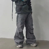 streetwear big pockets sashes pleated baggy jeans for men and women washed straight casual cargo pants oversize denim trousers unique cargo style 146