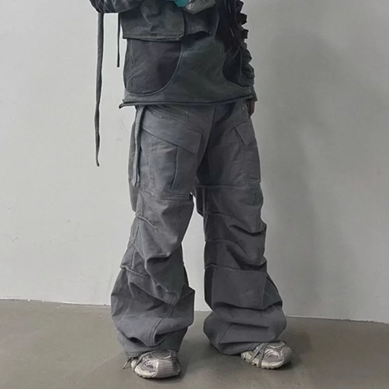 streetwear big pockets sashes pleated baggy jeans for men and women washed straight casual cargo pants oversize denim trousers unique cargo style 146