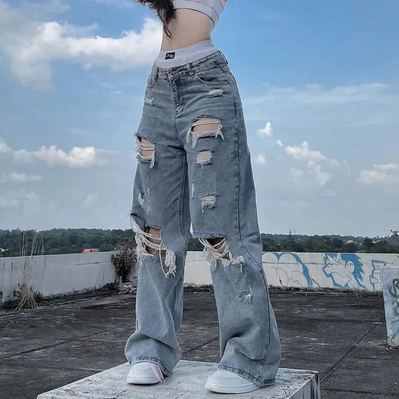 streetwear straight pants ladies ripped jeans mid waist loose wide leg pants ladies jeans y2k summer high street cargo pants unique cargo style 2737