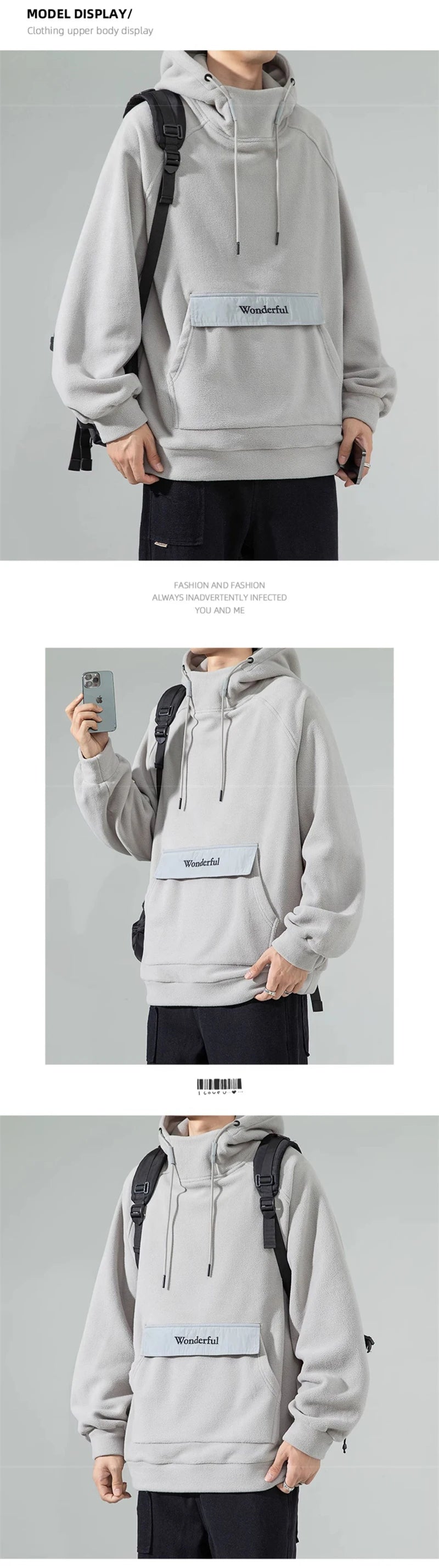 Autumn Polar Fleece Half Turtleneck Hoodies For Men Y2K Vintage Windproof Hooded Sweatshirts Casual Streetwear Pullover
