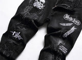 skull embroidery jeans ripped holes denim pants men zipper biker jeans streetwear slim fit y2k punk hip hop casual pants joggers unique joggers style 4169