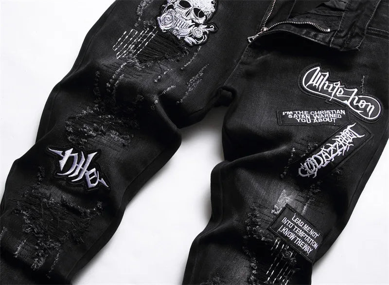 skull embroidery jeans ripped holes denim pants men zipper biker jeans streetwear slim fit y2k punk hip hop casual pants joggers unique joggers style 4169