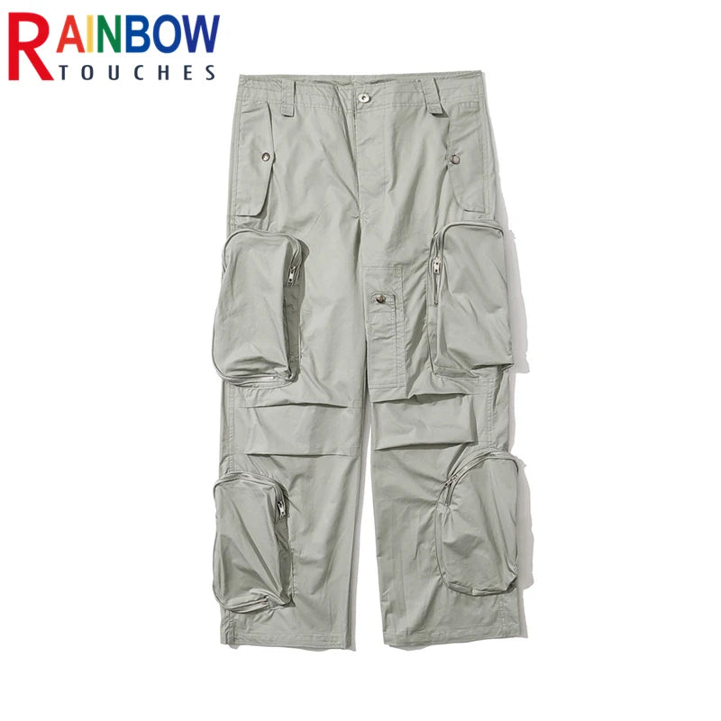 rainbowtouches fashion classic brand mens cargo pants casual zipper pocket design trousers loose straight tooling style overalls unique cargo style 4405