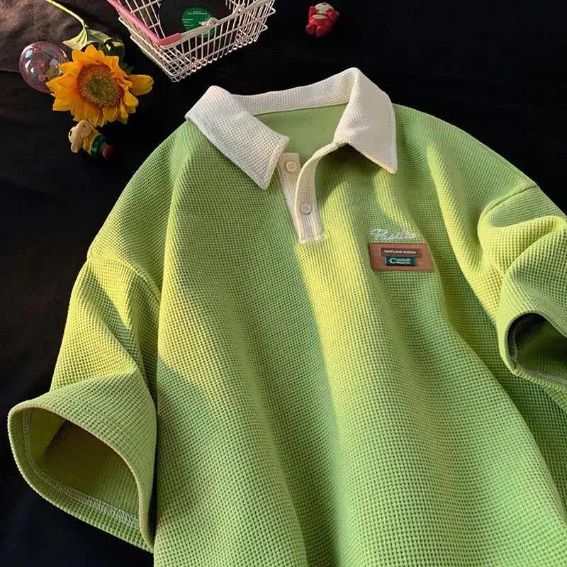 Hip Hop American Street Men and Women Trendy Personality Polo Shirt Short sleeved Summer Waffle Vintage Casual