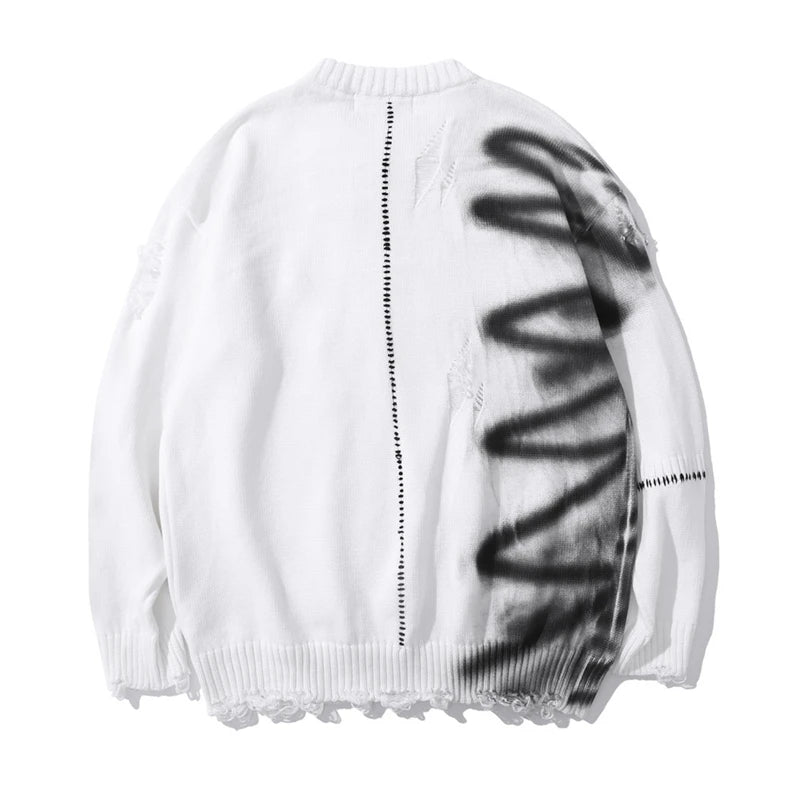 rainbowtouches luxury graffiti hip hop pullover hole oversize sweater men fashion vintage loose long sleeve harajuku sweater unique limited edition hoodie, Y2K vintage urban hoodie, high quality cotton pullover