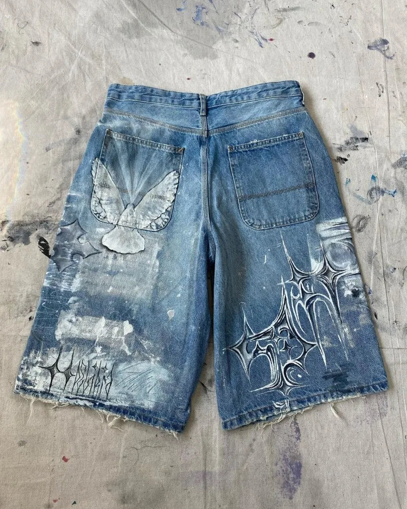 y2k american street retro graffiti anime print oversized denim shorts men shorts high waist fashion loose casual wide leg pants denim street jeans